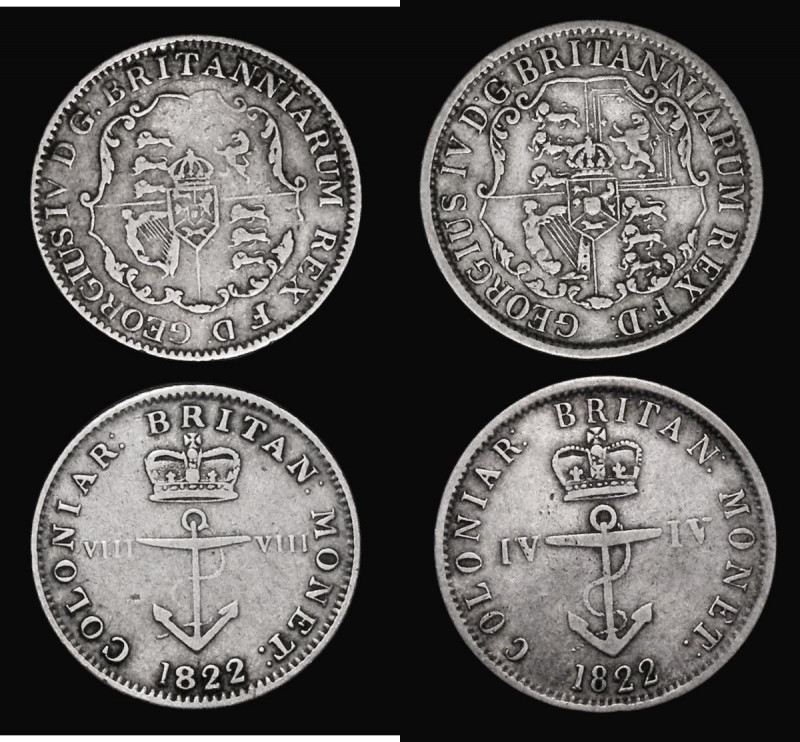 British West Indies (2) Quarter Dollar 1822 KM#3 Fine, One Eighth Dollar 1822 KM...