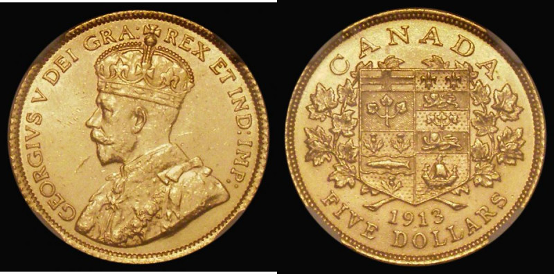 Canada Five Dollars Gold 1913 KM#26 in an NGC holder and graded MS61

 Estimat...
