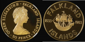 Falkland Islands Fifty Pence 1983 150th Anniversary of British Rule Gold Proof KM#19b 47.54 grammes of 22 carat Gold (AGW 1.4 grammes) in an NGC holde...