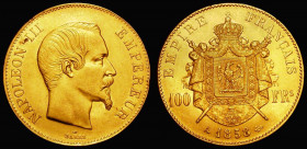 France 100 Francs Gold 1858A KM#786.1 EF and lustrous with a gentle edge bruise, part of a small group of French 19th Century gold issues offered in t...