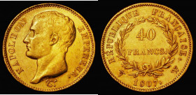France 40 Francs Gold 1807W Lille Mint, Large Bare Head of Napoleon, KM#A688.5 GVF/NEF with some hairlines, the large bare head type only used in 1807...