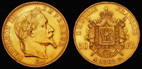 France 50 Francs Gold 1862A KM#804.1 NEF, part of a small group of French 19th Century gold issues offered in this sale

 Estimate: GBP 800 - 900