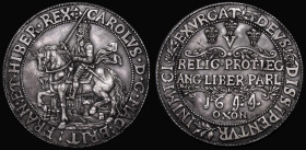Crown Charles I Rawlins 1644 Oxon Electrotype as S.2948, Obverse: King riding over a view of the city, Reverse: The Declaration with floral scripts ab...