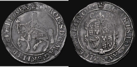 Halfcrown Charles I Tower Mint, Group II, type 2A, Smaller horse, cross on housings, Reverse: Oval shield with CR above, mintmark Plume, two additiona...