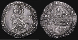 Shilling Charles I Oxford Mint 1643 S.2972, North 2441, mintmark Plume on obverse only, Obverse with cross on crown orb leaning backwards, Reverse: De...