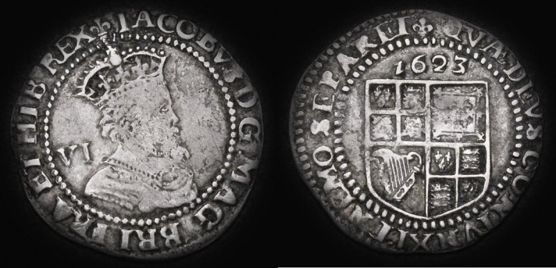 Sixpence James I 1623 Third Coinage, Sixth Bust S.2670 mintmark Lis, 2.70 gramme...