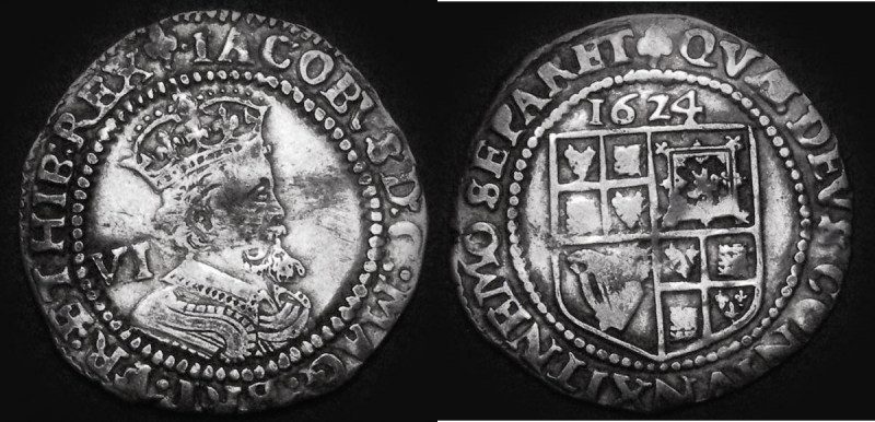 Sixpence James I 1624 Third Coinage, Sixth Bust S.2670 mintmark Trefoil, 2.93 gr...