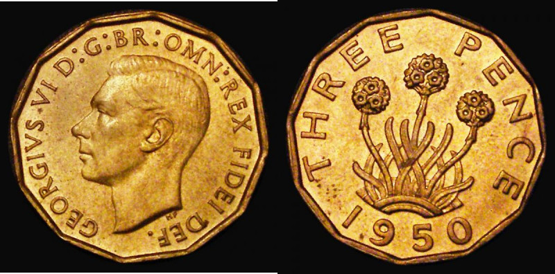 Brass Threepence 1950 Peck 2394 UNC with good, slightly subdued lustre, rare in ...