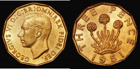 Brass Threepence 1951 Peck 2396 UNC with practically full mint lustre, very hard to find in this high grade

 Estimate: GBP 50 - 100