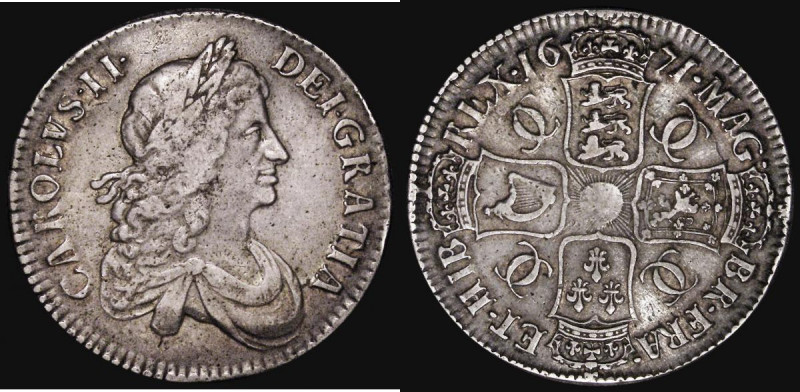 Crown 1671 VICESIMO TERTIO Second Bust variety, ESC 42, Bull 382 Good Fine or be...