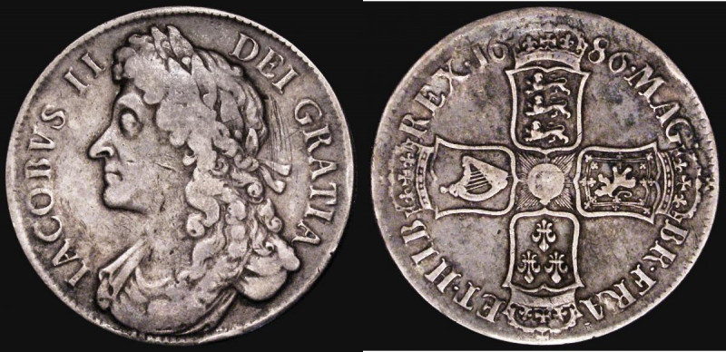 Crown 1686 SECVNDO, First Bust, No Stops on obverse ESC 77, Bull 741 Fine the ob...
