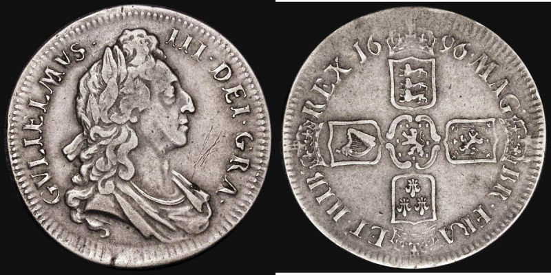 Crown 1696 OCTAVO, First Bust ESC 89, Bull 995, struck on a large slightly oval ...