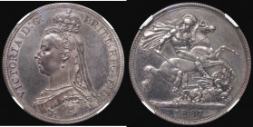 Crown 1887 Proof ESC 297, Bull 2586 attractively toning with hints of underlying blue, gold and magenta, in an NGC holder and graded PF61 

 Estimat...