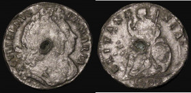 Farthing 1690 Tin, edge not readable, so Peck type uncertain, legends and main design bold, some surface blistering, copper plug recessed but intact, ...