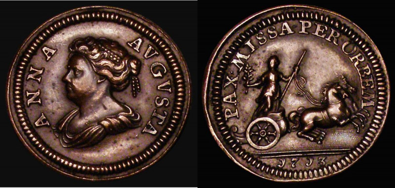 Farthing 1713 Pattern in copper on a large thick flan, dies 5+G, Obverse ANNA AV...