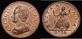 Farthing 1754 Peck 892 EF with a small tone spot by Britannia's spear, an attractive piece with glossy surfaces

 Estimate: GBP 150 - 250