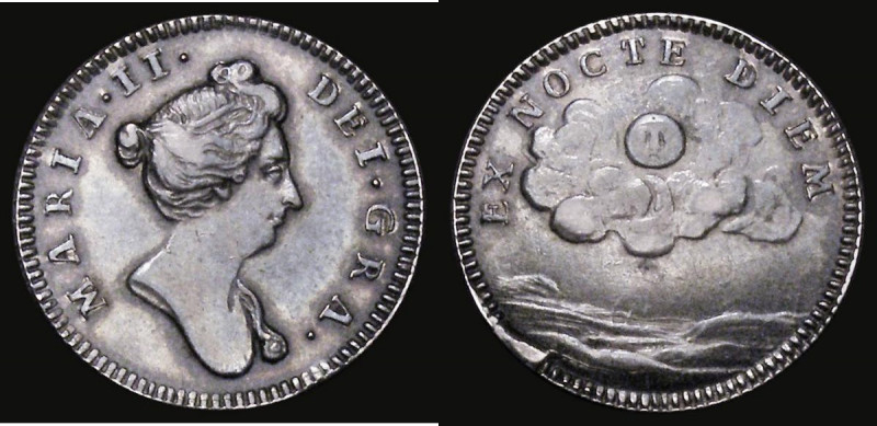 Farthing Pattern or medalet Mary in silver, undated, (1688-1694) legend MARIA.II...