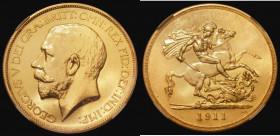Five Pounds 1911 Proof S.3994 in an NGC holder and graded PF58, retaining considerable original mint brilliance and eye appeal, the only George V Gold...