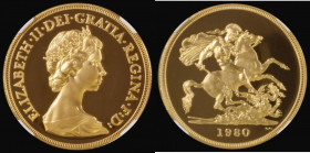 Five Pounds Gold 1980 Proof S.SE1 in an NGC holder and graded PF69 Ultra Cameo

 Estimate: GBP 2000 - 2600