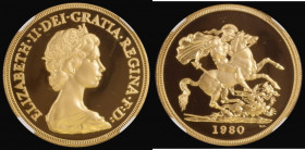 Five Pounds Gold 1980 Proof S.SE1 in an NGC holder and graded PF69 Ultra Cameo

 Estimate: GBP 2000 - 2600