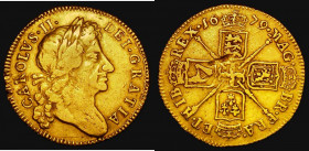 Guinea 1679 Fourth Laureate bust, double struck O in CAROLVS S.3344 Fine, the reverse with a striking flaw, Charles II Guineas hard to find in all gra...