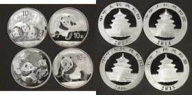China Ten Yuan Silver Pandas (4) 2006 KM#1664, 2013 , 2014, 2015 Silver Proofs, the first three FDC, the 2015 very near so with a minor handling mark...