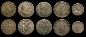 Ireland (5) Halfpennies (4) 1724 Woods, with stop after date, Breen 166 VG or better, on a porous flan, 1769 S.6612 (2) NVG and Near Fine, 1805 S.6621...