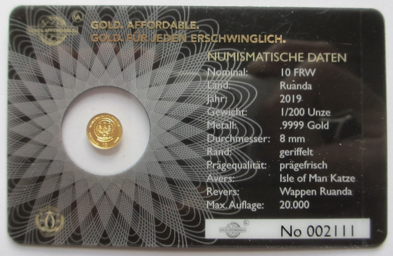 1/200 oz Av
Isle of Man, Katze, Gold 999/1000
8 mm
