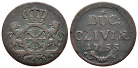 Kupferdeut, Cleve, Freidrich II (1740-1786), 1753
22 mm, 1,70 g
Olding 287 / Kluge 290.2