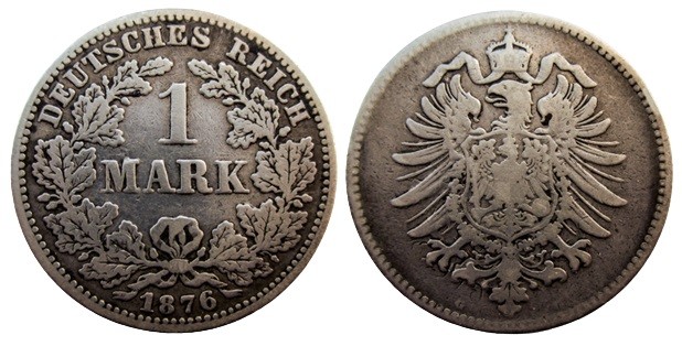 1 Mark AR
Karlsruhe (G)
Germany, 1876
Silver 900/1000
5,55 g
KM# 7; J. 9