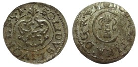 Solidus AR
1651
Livonia Riga, Swedish Occupation
Christina of Sweden (1632-1654)

Vasa arms inside crowned monogram surrounded by legend / Crosse...