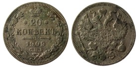20 Kopek AR
Nicolaus II, 1909
23 mm, 3,60 g