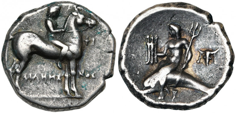 CALABRE, TARENTE, AR nomos, 272-235 av. J.-C. D/ Enfant à cheval à d., ten. les ...