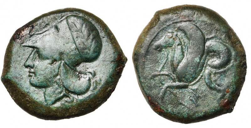 SICILE, SYRACUSE, AE litre, 409-395 av. J.-C. D/ T. casquée d''Athéna à g., le c...