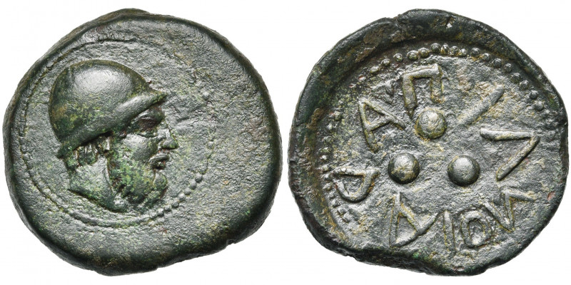 ILES DE SICILE, LIPARA, AE tetras, 5e-3e s. av. J.-C. D/ T. d''Héphaistos barbu ...
