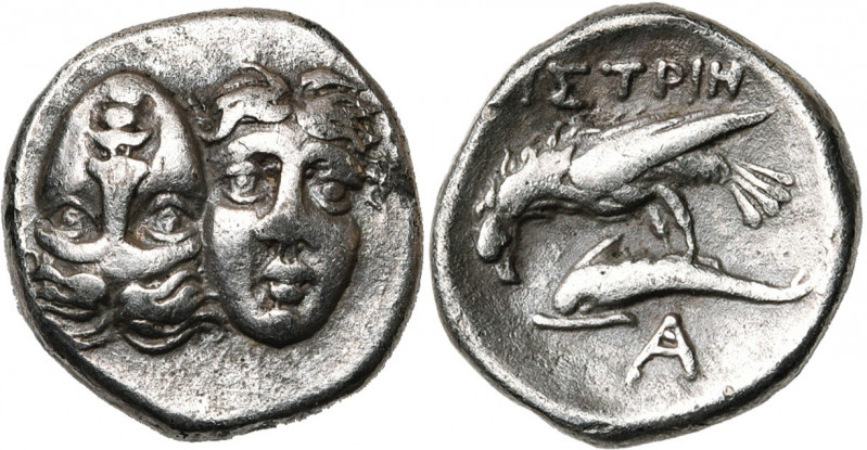 MESIE, ISTROS, AR drachme, vers 350 av. J.-C. D/ Deux t. masc. de f. tête-bêche,...