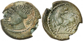 GAULE CELTIQUE, Aulerci Eburovices, AE bronze, vers 40-30 av. J.-C. Classe II à la louve. D/ T. fém. diad. à g. Devant, PIXTIL. R/ Louve à l''arrêt à ...