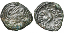 GAULE BELGIQUE, Ambiani, AE bronze. Type de Lewarde. D/ T. casquée à d. Devant, décor de volutes. R/ Coq à d. Devant, triskèle et triangle dont la bas...