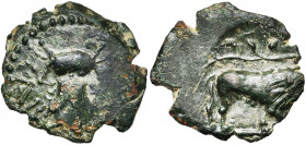 GAULE BELGIQUE, Ambiani, AE bronze, après 50 av. J.-C. D/ T. janiforme entourée de CAI-TIO. R/ Lion marchant à d. Au-dessus, une branche. A l''ex., en...