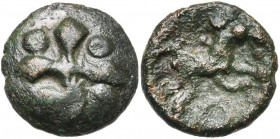 GAULE BELGIQUE, Ambiani, AE bronze. D/ Croix bouletée, cantonnée de quatre globules. Type peut-être inspiré des bronzes AVAVCIA. R/ Cheval galopant à ...