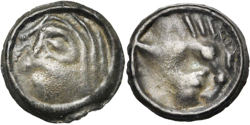 GAULE BELGIQUE, attribution indéterminée, AE potin. D/ T. à g., la chevelure for...