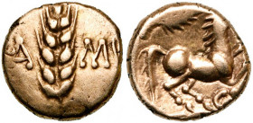 ILE DE BRETAGNE, Trinovantes, Cunobeline (10-43), AV quart de statère, 10-20. D/ Epi de blé entouré de CA-MV. R/ Cheval au galop à d. Au-dessus, une b...