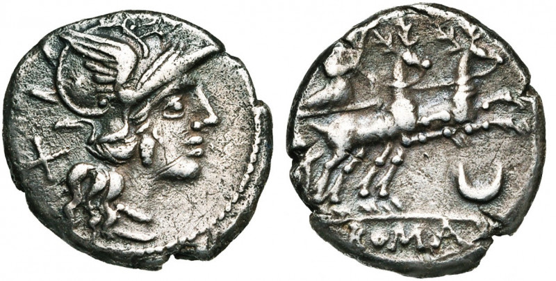 Emission anonyme, AR denier, 143 av. J.-C., Rome. D/ T. casquée de Roma à d. Der...