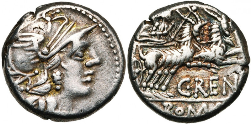 C. Renius, AR denier, 138 av. J.-C., Rome. D/ T. casquée de Roma à d. Derrière, ...