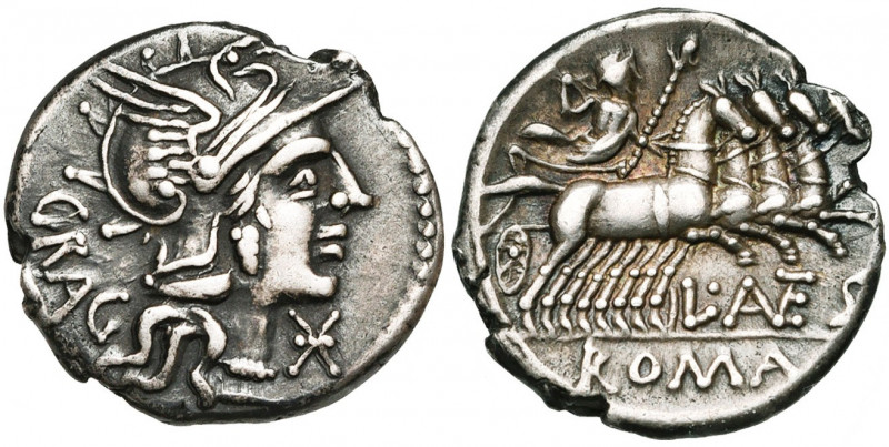 L. Antestius Gragulus, AR denier, 136 av. J.-C., Rome. D/ GRAG T. casquée de Rom...