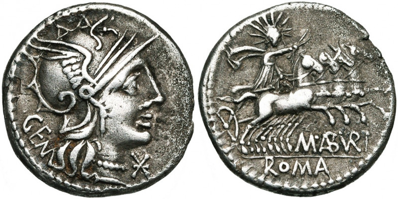M. Aburius Geminus, AR denier, 132 av. J.-C., Rome. D/ T. casquée de Roma à d. A...