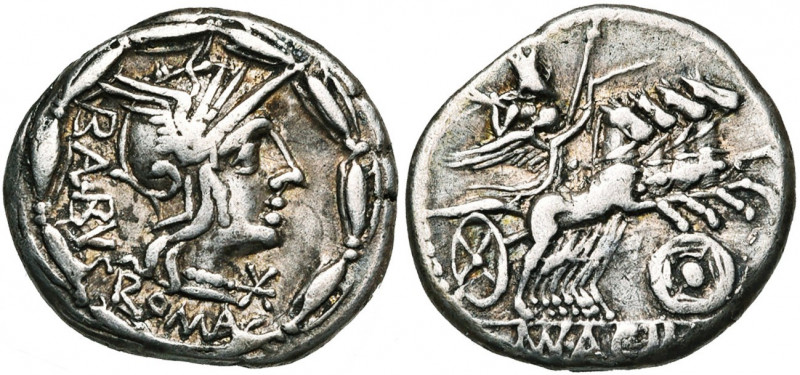 Mn. Acilius Balbus, AR denier, 125 av. J.- C., Rome. D/ BALBVS- ROMA T. casquée ...