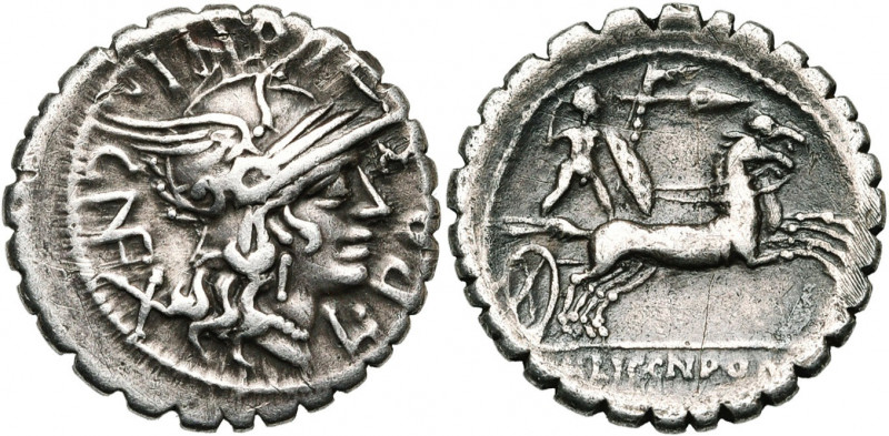 L. Pomponius, denier serratus, 118 av. J.-C., Narbonne. D/ L. POMPONI. CN F. T. ...