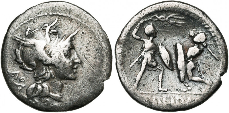 T. Didius, AR denier, 113-112 av. J.-C., Rome. D/ T. casquée de Roma à d. Derriè...