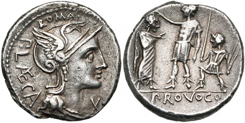 P. Porcius Laeca, AR denier, 110-109 av. J.-C., Rome. D/ T. casquée de Roma à d....